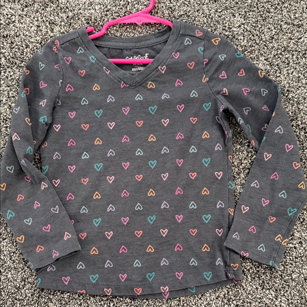 Cat & Jack Charcoal V-Neck Long Sleeve Heart Print Top